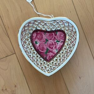 Vintage lattice trinket dish with gold trim and pink roses jewelry dish